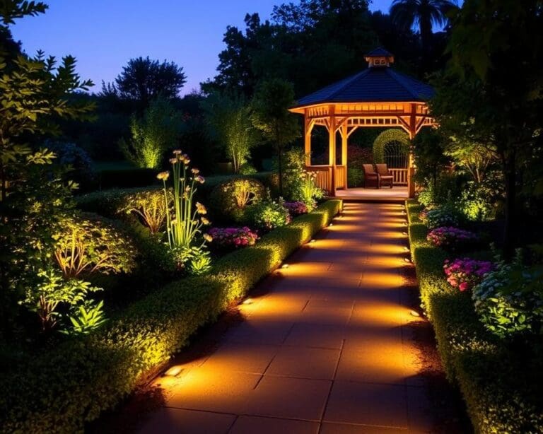 How can LED lighting highlight your garden at night?