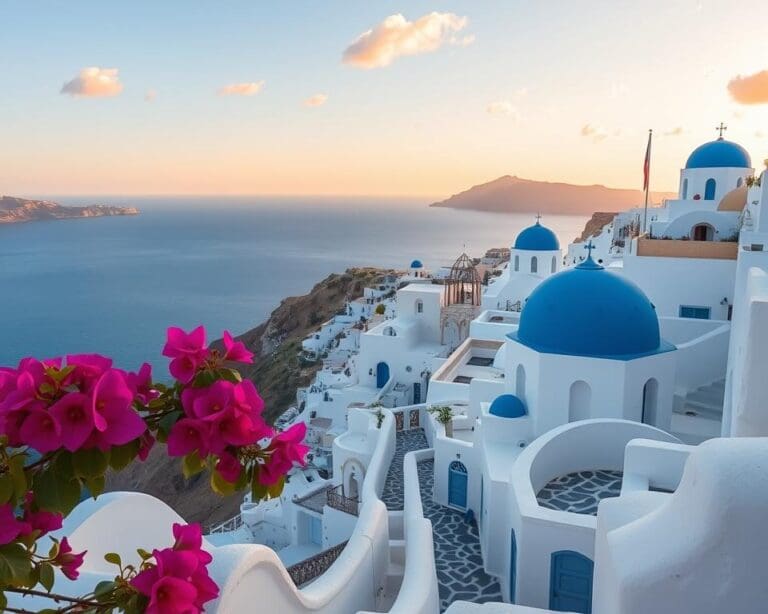 Why is Santorini famous for its views and villages?